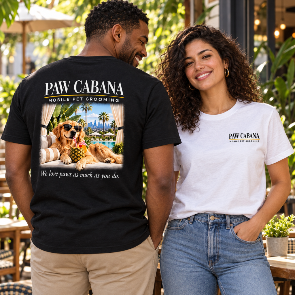 Models showing a white Paw Cabana T-shirt and the tropical artwork on the back of a black T-shirt.